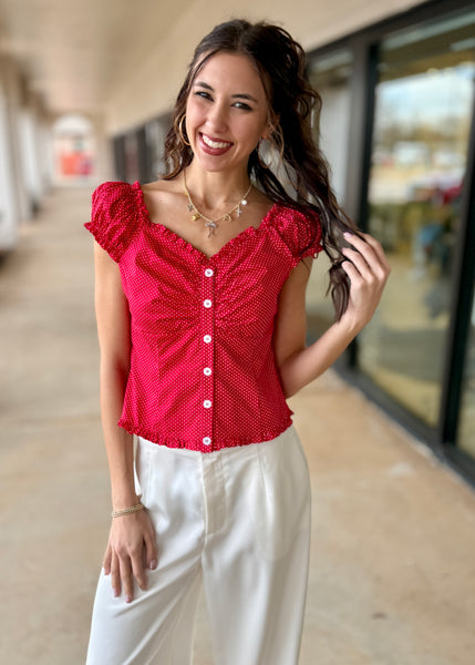 Polka Dot Fun Red Button Up Top