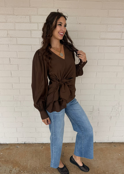 Believe Me When I Say Side Tie Brown Blouse