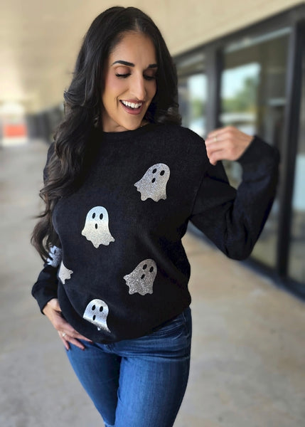 Hey Boo Halloween Ghost Corded Black Sweatshirt