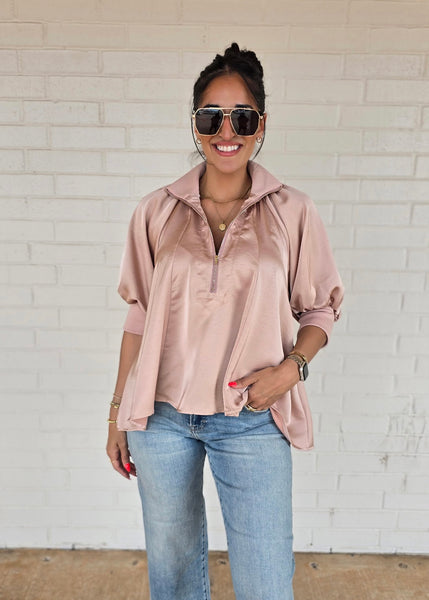 Play It Again Blush Half Zip Flowy Blouse