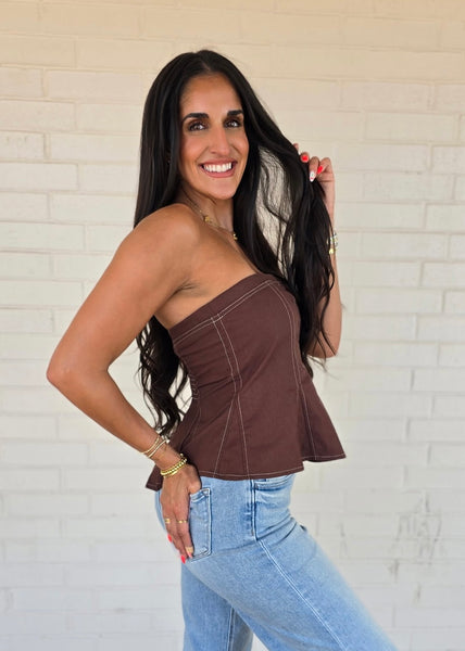 Sometimes Yes Brown Strapless Top