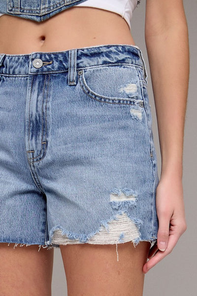 Finn High Rise Distressed Denim Shorts