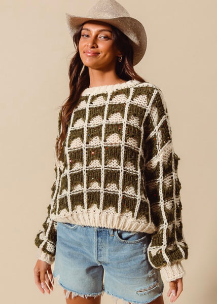 Enough Said Olive & Ivory Loose Fit Chunky Sweater