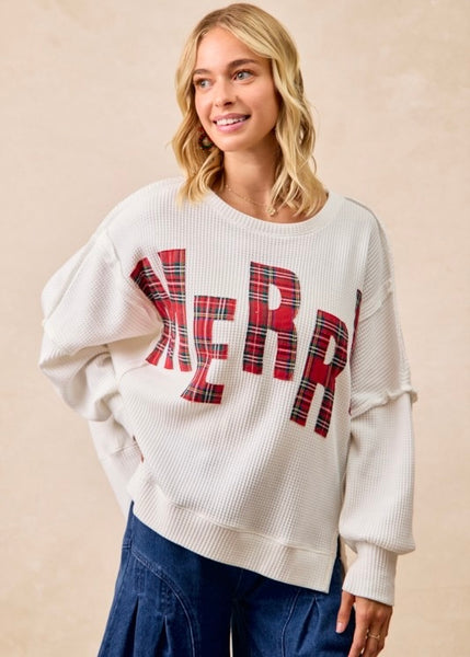 Plaid "Merry" White Waffle Long Sleeve