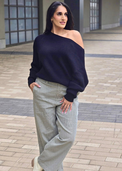 Fireside Casual Off The Shoulder Black Waffle Knit Top