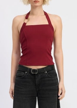 To Be Happy Burgundy Halter Top With Gold Accent