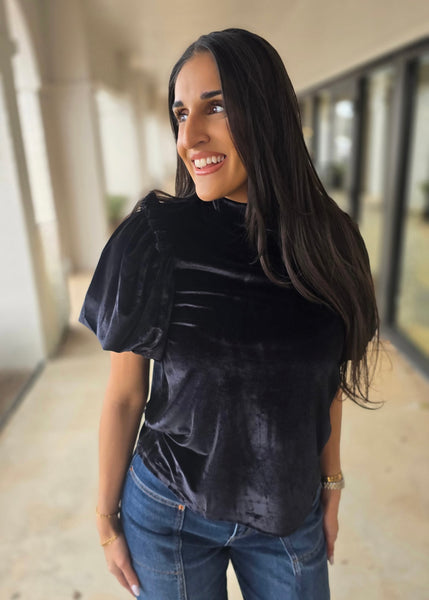 Dinner Plans Black Velvet Puff Sleeve Top