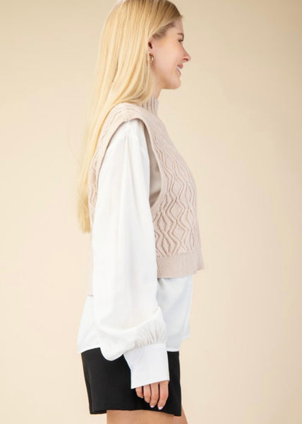 Beat Goes Beige Sweater Vest Layered Over White Blouse