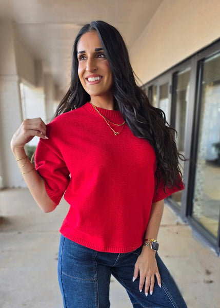 Knocking At My Door Short Sleeve Oversized Red Sweater