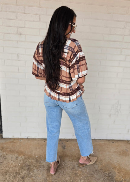 Plan On It Camel/Brown Plaid Baby Doll Top