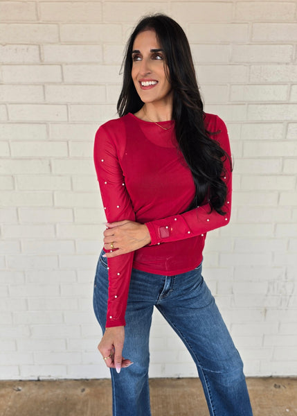 Center Of Attention Mesh Pearl Top - Red