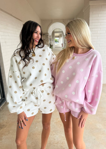 Treat Yourself White & Taupe Polka Dot Sweatshirt & Short Set
