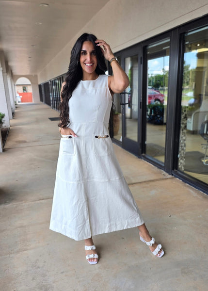 Standing Strong White Sleeveless Denim Midi Dress