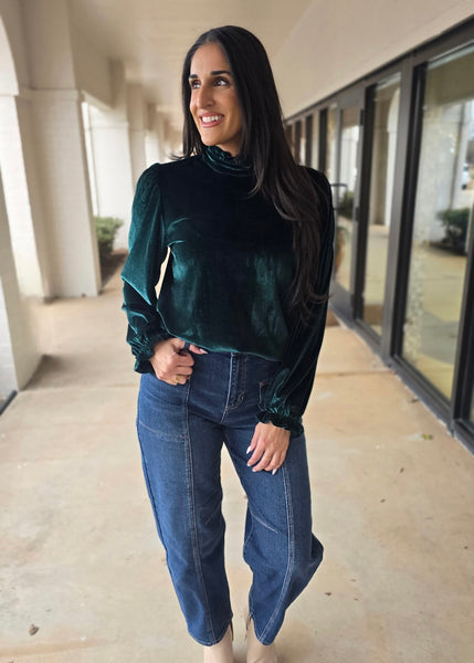 Under The Mistletoe Green Velvet Puff Sleeve Top