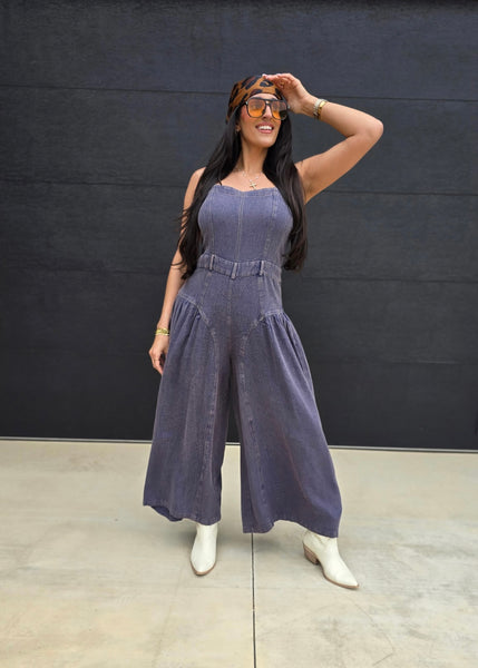 Caught Out Of Town Denim Wide Leg Jumpsuit