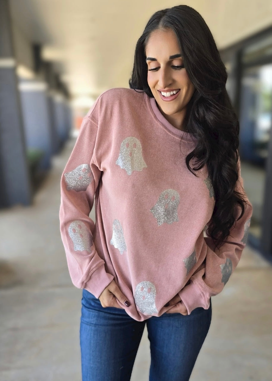 Hey Boo Halloween Ghost Corded Pink Sweatshirt