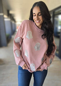 Hey Boo Halloween Ghost Corded Pink Sweatshirt