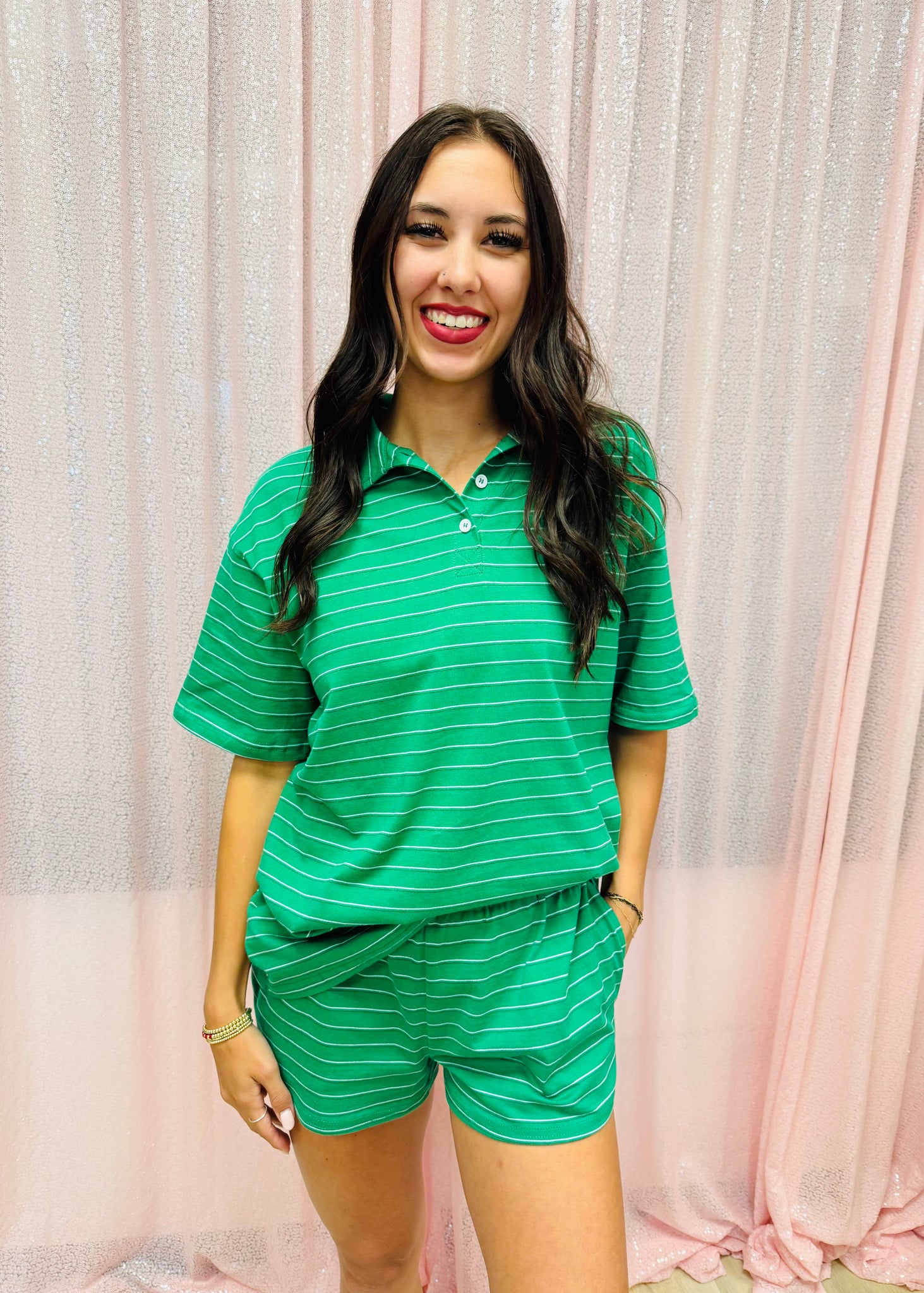 Your Only Chance Green Striped Short Set