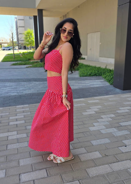 Rendezvous Red & White Polka 2 Pc Top & Midi Skirt Set