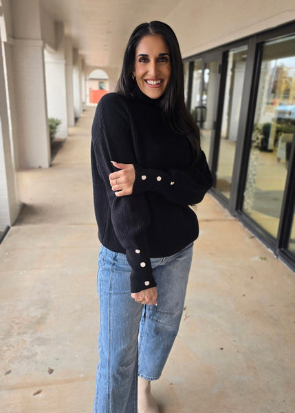Plan For It Black Turtleneck Pearl Button Sweater