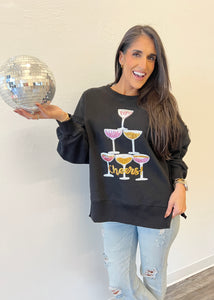 "Cheers" Sequin Patch Oversized Black Sweatshirt