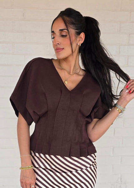 Lesson Learned Brown V Neck Top