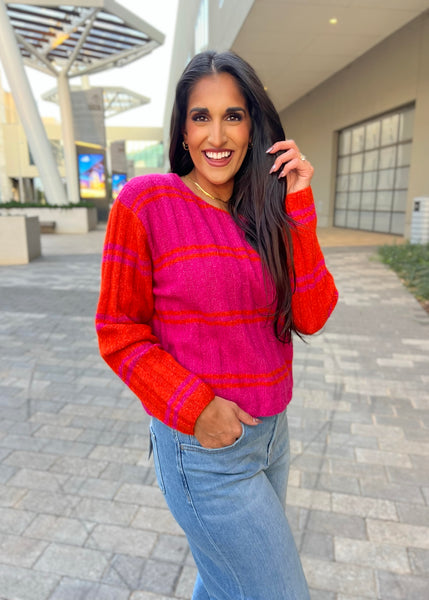 A Cozy Place Fuchsia/Orange Striped Sweater - XL