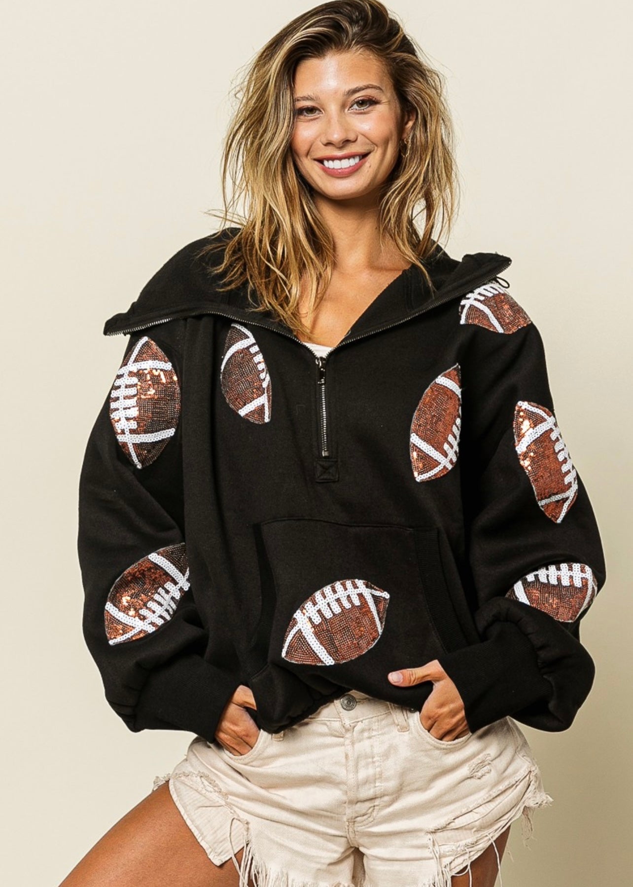 Football Forever Black Half Zip Sequin Hoodie – Pink