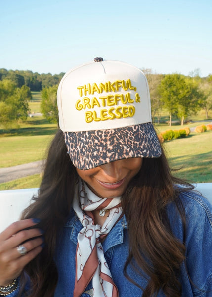 Thankful, Grateful & Blessed - Leopard Trucker Hat