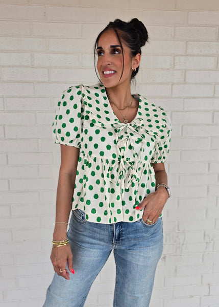 The Only One Green Polka Dot Front Tie Top