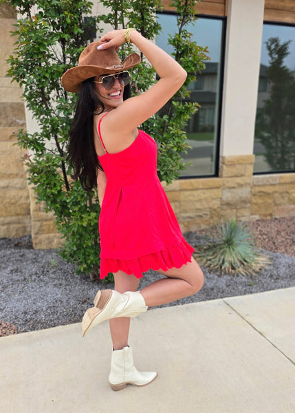 No Secret Red Poplin Pleated Mini Dress