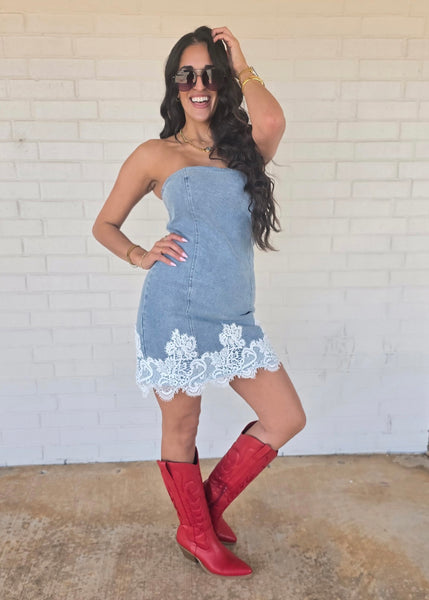 Have Mercy Denim & Lace Strapless Dress