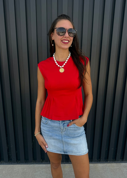 Dinner Plans Red Pleated Sleeveless Top