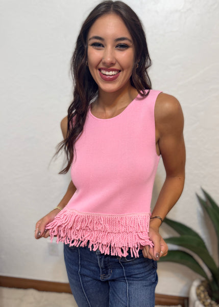 Fringe Fanatic Pink Sleeveless Knit Top With Fringe Hem