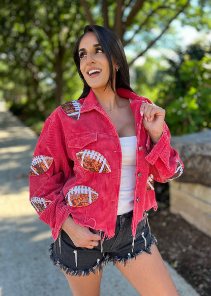 Cheering You On Vintage Red Sequin Football Corduroy Jacket