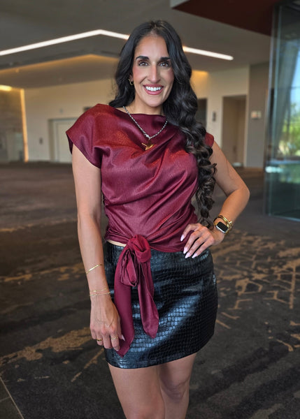 Positive Attitude Burgundy Asymmetrical Tie Waist Blouse