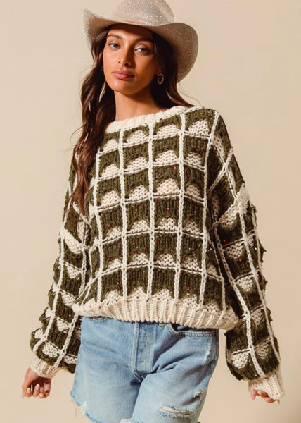 Enough Said Olive & Ivory Loose Fit Chunky Sweater