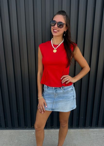 Dinner Plans Red Pleated Sleeveless Top