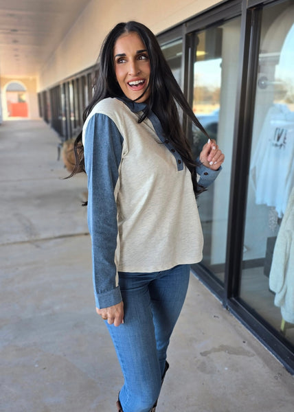 On The Go Denim Color Block Sweatshirt Top