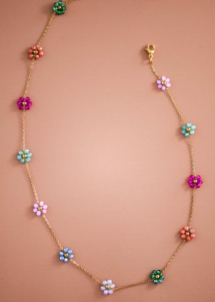 Multi Colored Beaded Flower Necklace