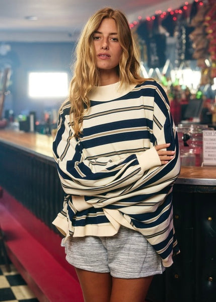 Casual Intention Striped Mock Neck Oversized Top