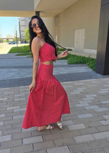Rendezvous Red & White Polka 2 Pc Top & Midi Skirt Set