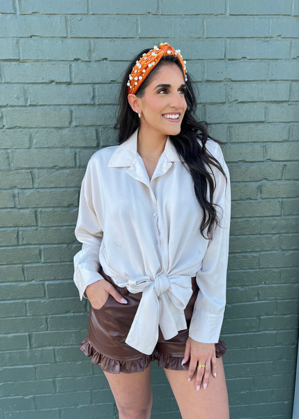Begging You Please Cream Button Up Front Tie Top
