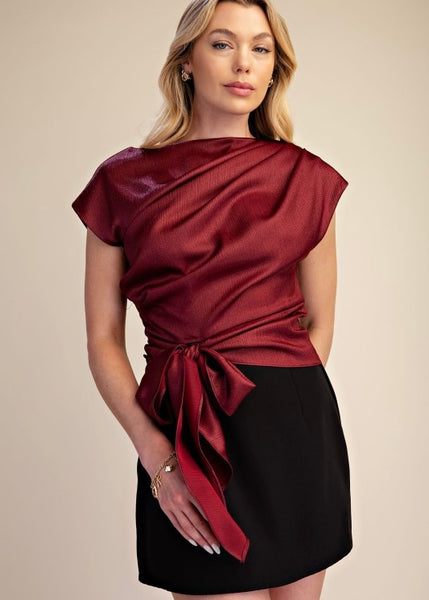 Positive Attitude Burgundy Asymmetrical Tie Waist Blouse