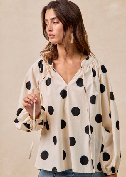 Exaggerated Polka Dot Balloon Sleeve Top