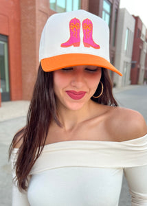 Bows and Boots Trucker Hat/ Pink/Orange/Cream