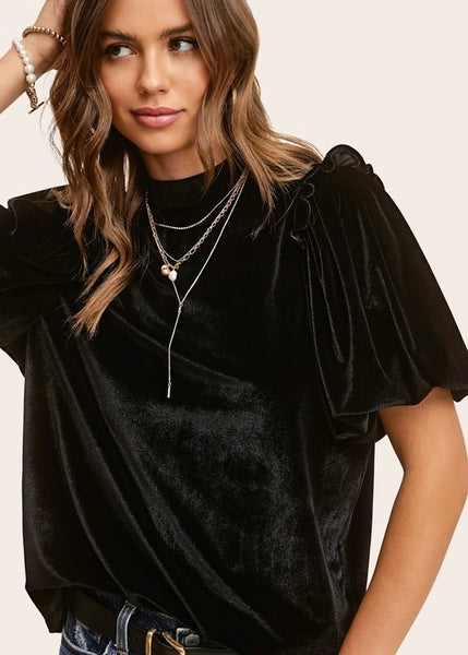 Dinner Plans Black Velvet Puff Sleeve Top