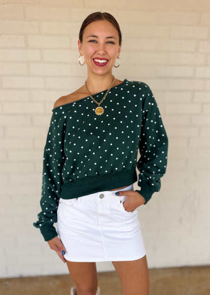 From The Past Green & White Polka Dot Off The Shoulder Sweatshirt Top
