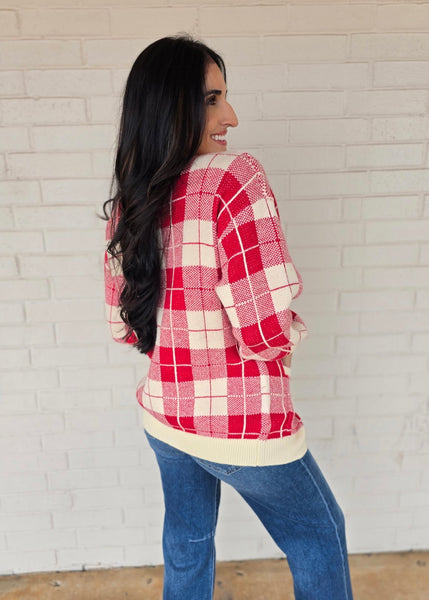 All Season Long Red Checked Cardigan