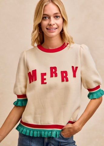 "Merry" Short Puff Sleeve Fleece Top